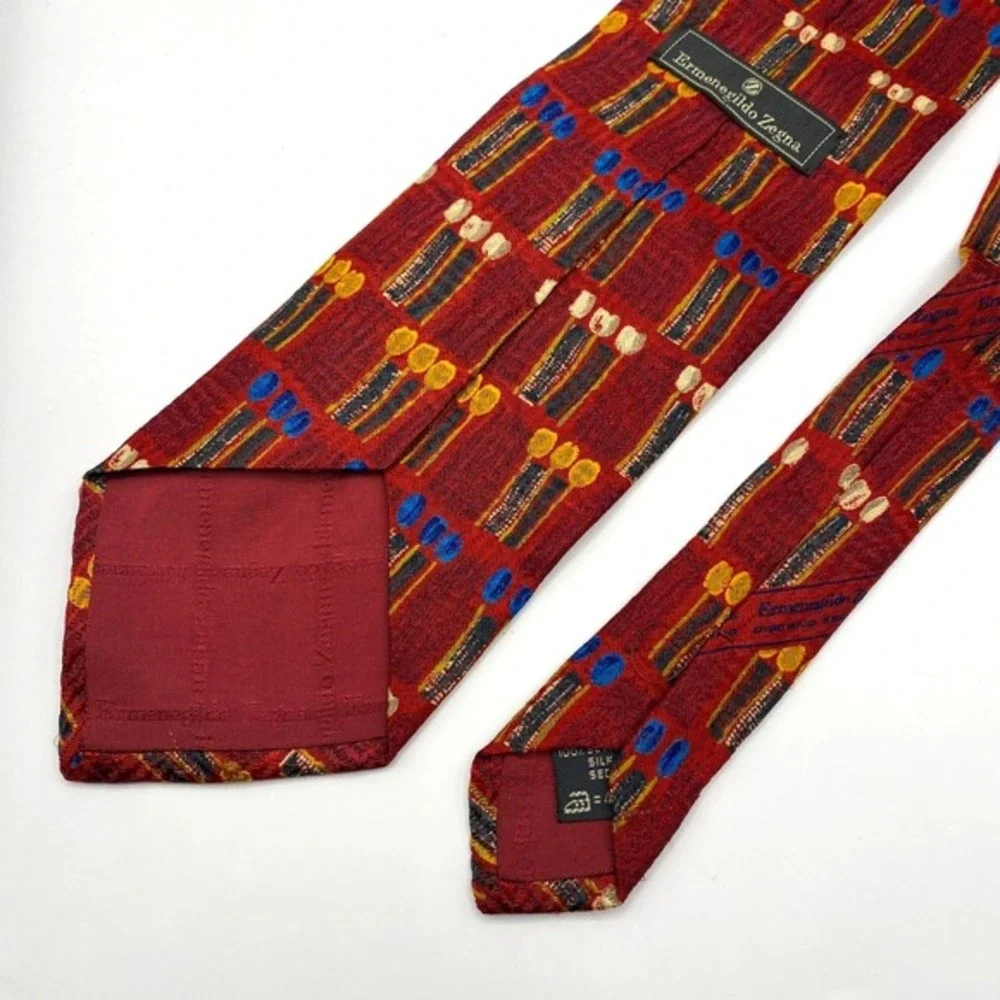 Ermenegildo Zegna 100% Silk Tie‎ Mens Necktie Red Blue Geometric Abstract Italy